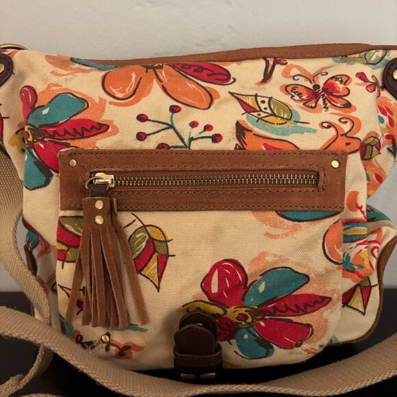 Lucky Brand Flowers and Butterfly Patterned Canvas Brown Suede Shoulder Bag - Picture 2 of 13